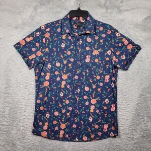 Marc Anthony Shirt Men Medium Blue Floral Luxury Slim Fit Button Up Short Sleeve